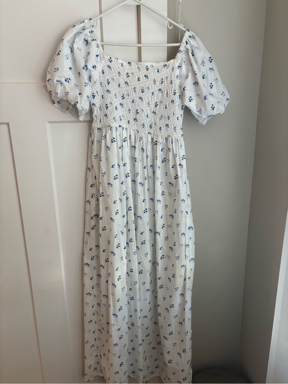 Simply Southern White Dress with Blue Floral Smocking Detail